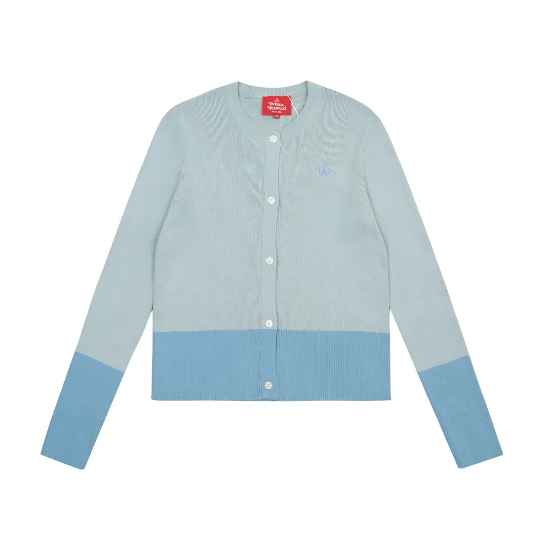 vivienne west wood Vivienne contrasting high-end Korean style cardigan knitted sweater wool 2024 autumn latest 🧩 15% merino cotton wool 85% wool blend 🧩Correct Italian 🇮🇹100% wool washed wheat logo Size: S -M- L Color: blue pink black gray